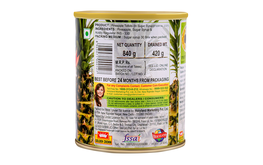 Golden Crown Pineapple Titbit In Sugar Syrup   Tin  840 grams